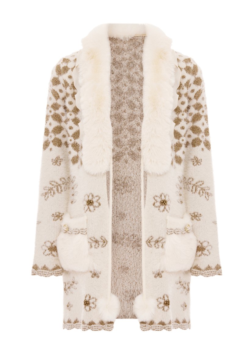 Grietinos spalvos kardiganas su aukso spalvos gėlėmis, turintis dirbtinį kailio apykaklę, dvigubus priekinio kišenes ir struktūrizuotą mezgimą.