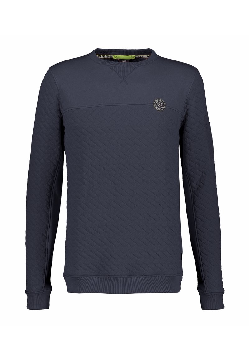 Marinblå vadderad sweatshirt med ribbade ärmar och nederkant, designad med rund halsringning och ett vävt logotypmärke på övre vänstra bröstet.