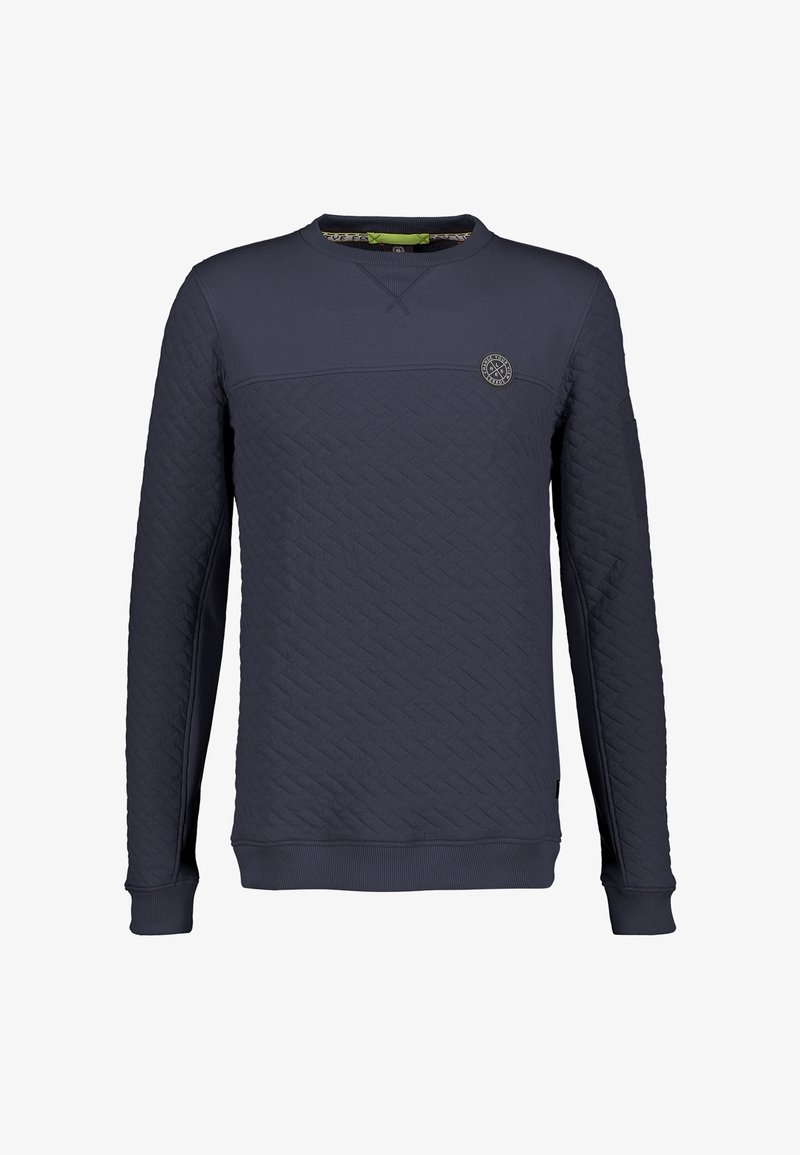 Marinblå vadderad sweatshirt med ribbade ärmar och nederkant, designad med rund halsringning och ett vävt logotypmärke på övre vänstra bröstet.