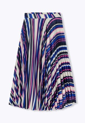 Jupe plissée avec des rayures verticales en marine, blanc, et des nuances de rose et de bleu. Tissu lisse avec une taille large et un design fluide.