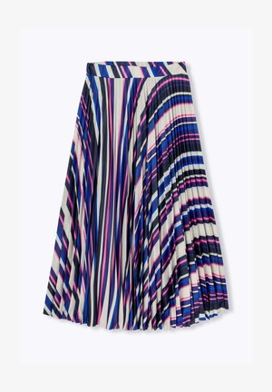 Jupe plissée avec des rayures verticales en marine, blanc, et des nuances de rose et de bleu. Tissu lisse avec une taille large et un design fluide.