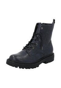 Stivaletto alla caviglia in pelle blu scuro, con punta tonda, chiusura frontale con lacci e suola robusta nera a contrasto. Presenta occhielli in tonalità argento e un anello per facilitare la calzata.