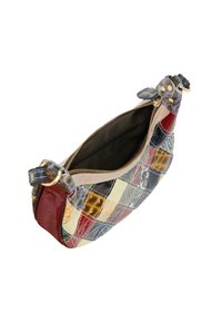 Patchwork handtas in glanzend faux leer, met kleuren in rood, geel, blauw en grijs, voorzien van een ritssluiting en een gevoerde binnenkant.