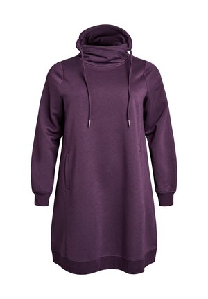 Lila Langarm-Hoodiekleid mit Schalkragen, Kordelzug-Akzenten und seitlichen Taschen. Der Stoff scheint weich mit einer glatten Textur zu sein.