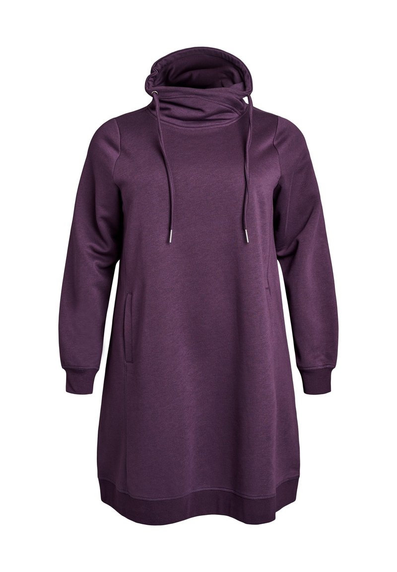 Lila långärmad hoodieklänning med kappa, dragsnoddar och sidofickor. Tyget verkar mjukt med en slät yta.