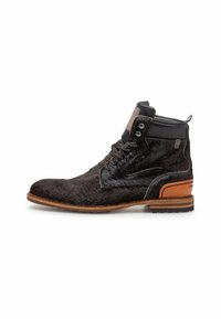 Stivaletti alla caviglia in pelle di vitello nera con accenti in pelle marrone, punta rotonda, design con lacci e suola con battistrada visibile. Presenta due bottoni sulla caviglia.