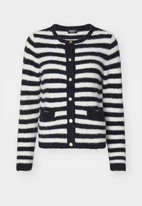 Svartvitrandig cardigan med mjuk, fluffig struktur, rund halsringning, fem guldknappar och två framfickor.