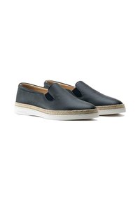 Chaussures noires en cuir à enfiler avec une finition texturée, dotées d'une semelle intermédiaire en jute et d'une semelle en caoutchouc blanche. Design décontracté avec des panneaux élastiques sur les côtés.