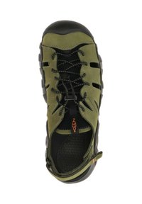 Water-friendly, olive green shoe with a black rubber toe cap, breathable openings, and black laces. Features textured insole and orange brand logo.