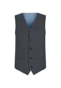 Szary kamizelka w kratę z klapą, pięcioma czarnymi guzikami, dwiema przednimi kieszeniami oraz niebieskim podszewką. Posiada teksturowany materiał.
