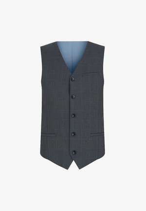 Szary kamizelka w kratę z klapą, pięcioma czarnymi guzikami, dwiema przednimi kieszeniami oraz niebieskim podszewką. Posiada teksturowany materiał.