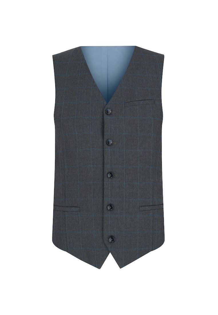 Szary kamizelka w kratę z klapą, pięcioma czarnymi guzikami, dwiema przednimi kieszeniami oraz niebieskim podszewką. Posiada teksturowany materiał.