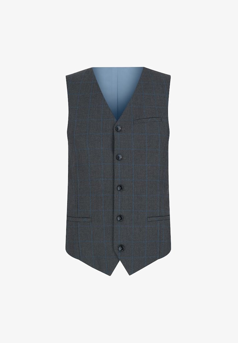 Szary kamizelka w kratę z klapą, pięcioma czarnymi guzikami, dwiema przednimi kieszeniami oraz niebieskim podszewką. Posiada teksturowany materiał.