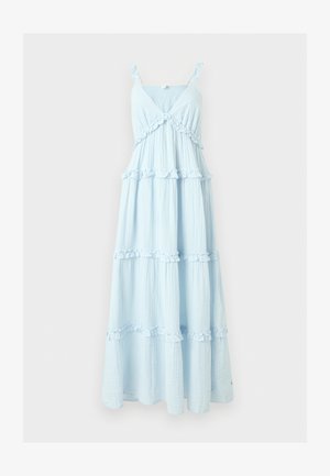 Hellblaues ärmelloses Maxikleid mit gestuften Rüschen und V-Ausschnitt an dünnen Trägern.