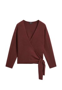 Burgundské oblé svetr vyrobený z jemného materiálu, s výstřihem do V, dlouhými rukávy a zavázáním v oblasti pasu pro bezpečné uchycení.