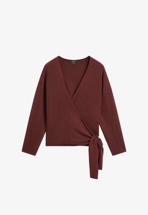 Maglione avvolto bordeaux realizzato in tessuto morbido, con scollatura a V, maniche lunghe e un dettaglio annodato in vita per una vestibilità sicura.