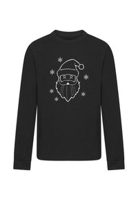 Čierna košeľa s dlhým rukávom, ktorá má bielu grafiku Santa Clausovej tváre s čiapkou a snehovými vločkami, vyrobená z mäkkého materiálu.