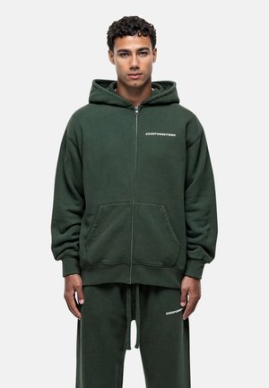 Grüne Kapuzenjacke mit Reißverschluss aus weichem Material mit Kängurutaschen. Mit einem Drucklogo auf der Vorderseite und einer Kapuze mit Kordelzug. Klassische Passform.