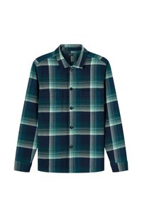 Kariertes Hemd mit dunkelblauen, türkisfarbenen und hellgrauen Mustern. Mit Knöpfen, spitzem Kragen und zwei Brusttaschen. Aus Baumwollmischung.
