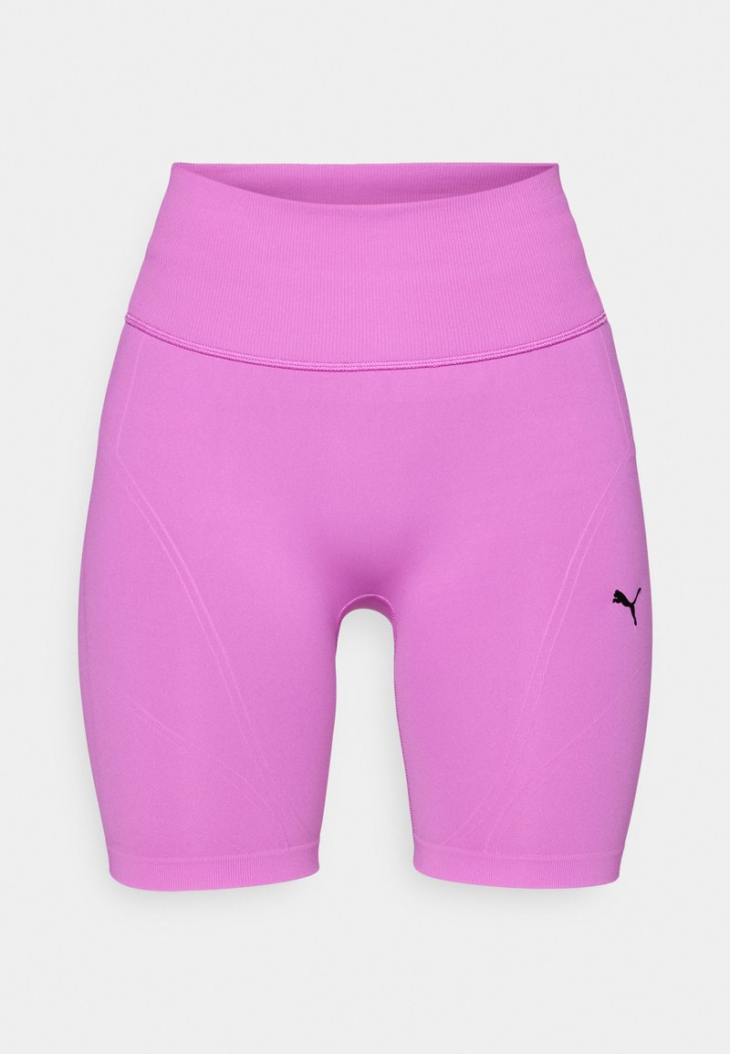 Pantaloni sportivi rosa con un alto elastico in vita, texture liscia e un logo nero. Caratterizzati da un design aderente e dettagli delle cuciture.