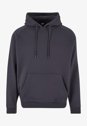 Sötét szürke kapucnis pulóver elülső zsebbel, puha anyagból, húzózsinóros kapucnival és bordázott mandzsettákkal és aljjal.