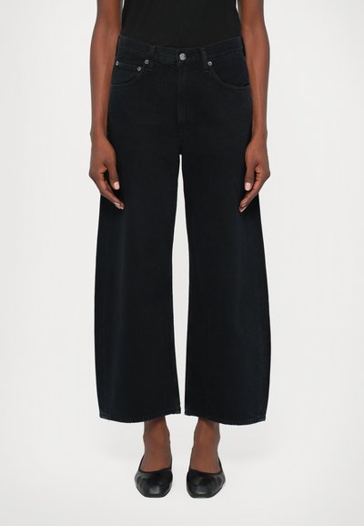 Black wide-leg jeans made of denim; features a high waist, classic five-pocket design, and subtle stitching details.