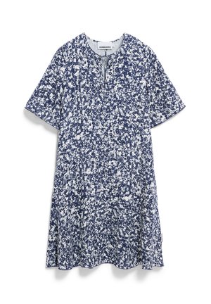 Blumenkleid mit rundem Ausschnitt, kurzen Ärmeln und einem ausgestellten Saum. Navyblauer Stoff mit weißen Spritzmustern. Weiche Textur.