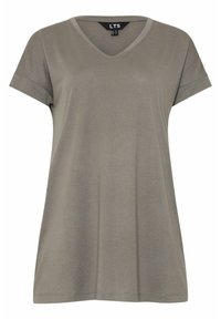 Szary T-shirt w serek wykonany z miękkiego materiału, z krótkimi rękawami i luźnym krojem. Płaskie szwy i brak dodatkowych wzorów czy akcentów.