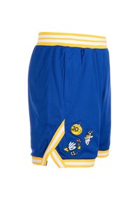 Blaue Netzshorts mit einem gelb gestreiften Bund, versehen mit gestickten Grafiken, darunter ein Basketball und Cartoons.