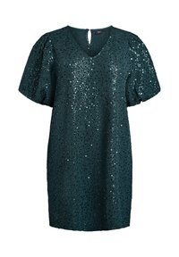 Abito teal con paillettes, scollatura a V, maniche a palloncino corte e schiena con apertura a chiave. Presenta una texture scintillante e una vestibilità larga.