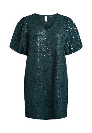 Robe en sequins teal avec un décolleté en V, des manches courtes ballon et un dos en forme de clef. Elle présente une texture scintillante et une coupe fluide.