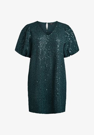 Teal sädelustega kleit V-kaelusega, lühikeste pompomvarrukatega ja võtmeaugu seljaga. Kleit pakub säravat tekstuuri ja lahtist istuvust.