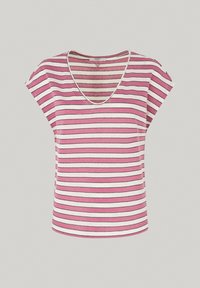 Rožinė ir balta dryžuota trumpomis rankovėmis marškinėliai su V formos iškirpte. Su juodais dryžiais ir laisvu siluetu. Minkšta audinio tekstūra.