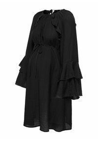 Vestido negro de longitud hasta la rodilla, hecho de una tela ligera, con mangas largas con volantes, cintura con lazo y un escote redondo con un detalle de ojal.