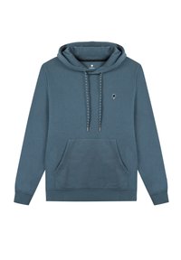 Felpa con cappuccio blu realizzata in tessuto morbido, dotata di tasca a marsupio, cappuccio con cordino e un piccolo logo sul petto.