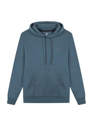 Felpa con cappuccio blu realizzata in tessuto morbido, dotata di tasca a marsupio, cappuccio con cordino e un piccolo logo sul petto.
