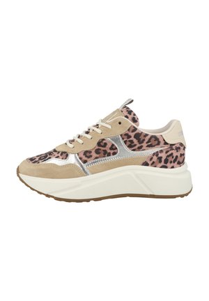 Chunky sneaker with beige suede, silver accents, and pink leopard print fabric on a thick white sole with brown tread.
