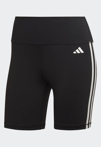 Czarne sportowe szorty wykonane z rozciągliwego materiału. Posiadają wysoki pasek w talii, boczne białe paski oraz małe logo marki z przodu.