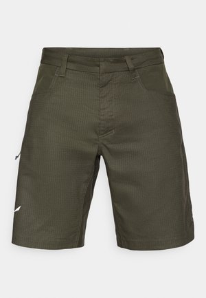 Tumed rohelised lühikesed püksid tekstureeritud mustriga, esi-taskutega ja küljetaskuga lukuga. Tugevdatud õmblused ja väike logo aktsent.