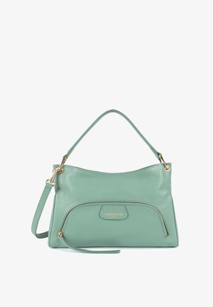 Borsa a tracolla in pelle verde menta con tasca frontale con zip, hardware dorato e una sola tracolla. Texture liscia e design semplice.