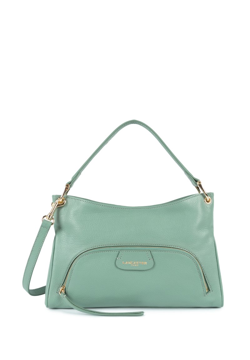 Borsa a tracolla in pelle verde menta con tasca frontale con zip, hardware dorato e una sola tracolla. Texture liscia e design semplice.