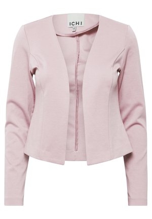 Cardigan giacca di un rosa chiaro, design aderente, maniche lunghe, apertura frontale senza chiusure, texture liscia, realizzata in tessuto morbido.
