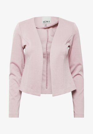 Gilet cardigan rose clair, design ajusté, manches longues, devant ouvert sans fermetures, texture lisse, fabriqué en tissu doux.