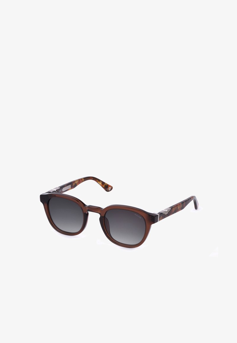 Lunettes de soleil à monture écaille marron avec verres dégradés foncés et détails argentés sur les branches, présentées sur fond blanc.