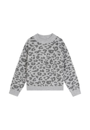 Suéter gris con estampado de leopardo en gris oscuro. Presenta un cuello redondo acanalado y puños, confeccionado en suave material de punto. Estilo casual.