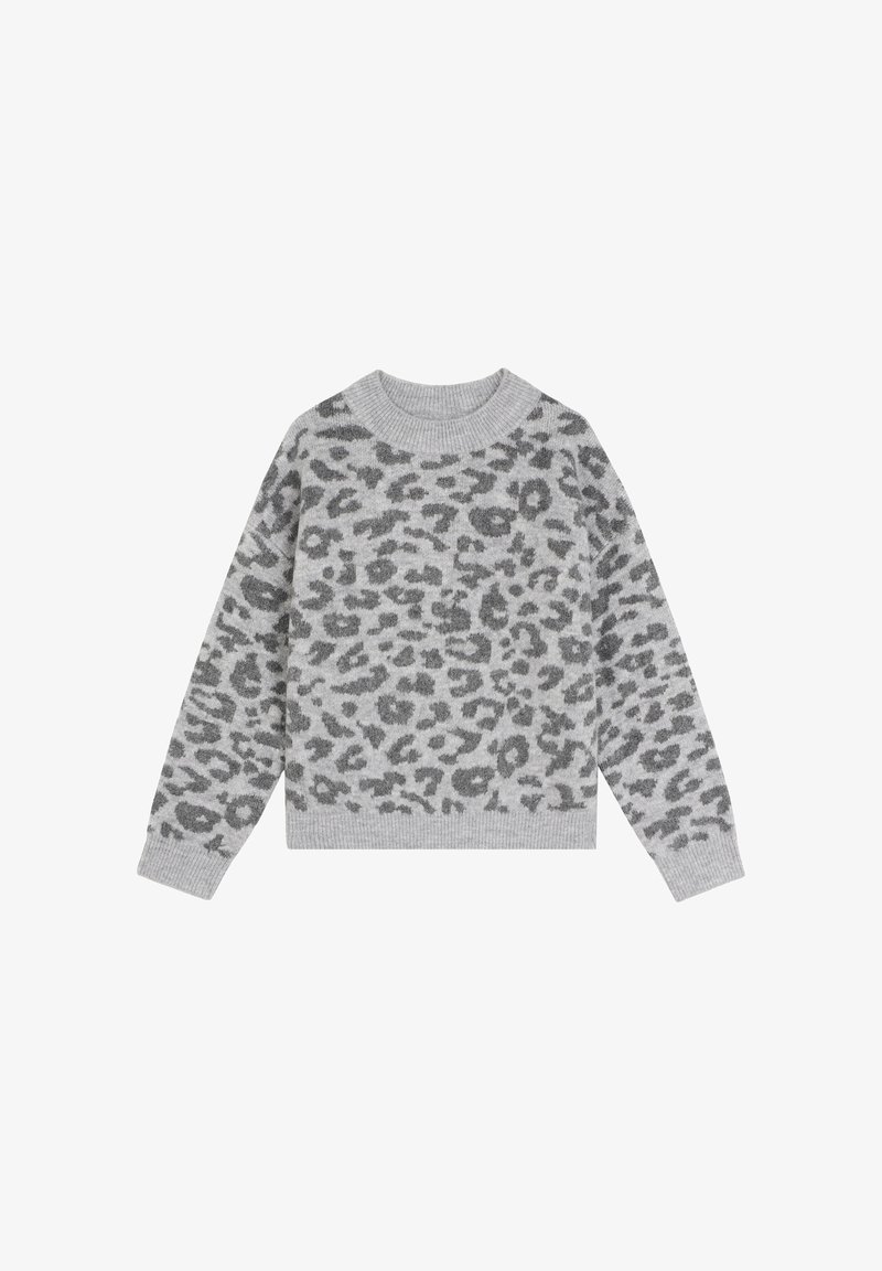 Grå tröja med leopardmönster i mörkgrått. Har en ribbad rund hals och mudd, tillverkad av mjukt stickad material. Avslappnad stil.