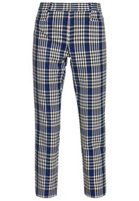 Pantaloni a quadri in nero, bianco e blu. Vestibilità sartoriale con vita media. Presenta tasche standard e una texture liscia.
