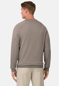Suéter gris de manga larga con una tela texturizada, puños acanalados y un dobladillo redondeado. Presenta mangas raglán y un diseño simple y limpio.