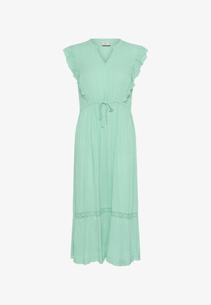Mintgrön, golvlång klänning med rynkade axelbandsärmar, V-ringning, dragsko i midjan och spetsdetaljer i fållen. Tillverkad av lätt tyg.