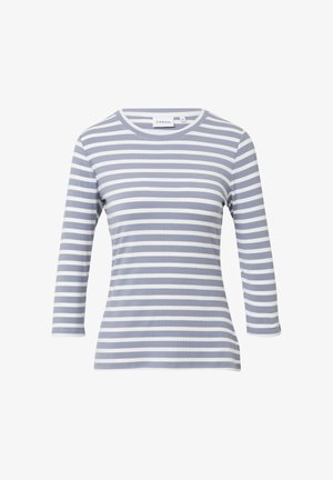 Long-sleeve top in gray and white stripes, ribbed texture, round neckline, and slightly flared hem. Label read "COMMA."